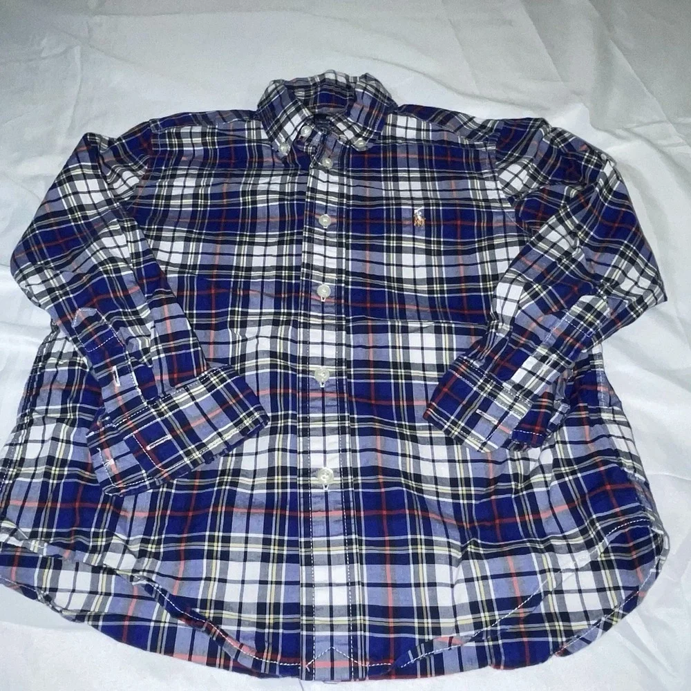 Ralph Lauren Boys Blue White Plaid Natural Stretch Button Down‎ Shirt Size 5